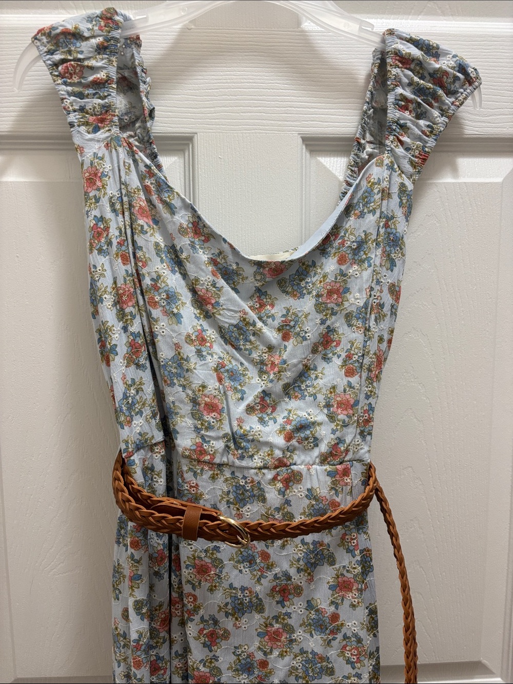 Floral Sleeveless Summer Dress in Light Blue with Brown Belt